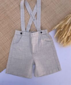 Conjunto Batizado Casamento Verão infantil menino com Bata Gola Padre manga curta e Jardineira bermuda Linho bege